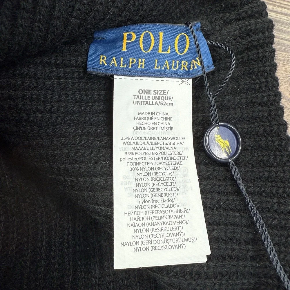 Polo Ralph Lauren Multi Patch Script Logo Black Knit Beanie Hat Black‎ Cap NWT